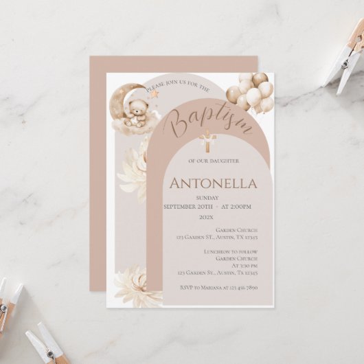 Beren en ballonnen meisje doop uitnodiging (Voorkant / Achterkant in situ)