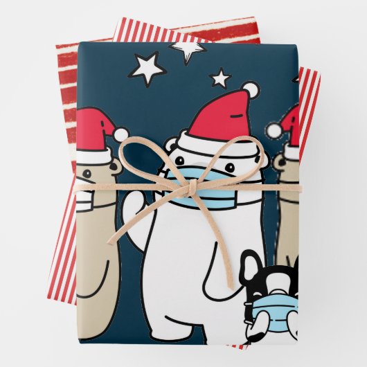 BEREN MET MASKERS EN SANTA HATS VERPAKKINGSPAPIER INPAKPAPIER VEL (In situ)