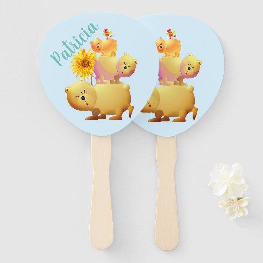 Beren, rooster- en zonnebloemptower handwaaier (Voorkant en achterkant)