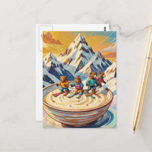 beren skiën naar een kom pap briefkaart