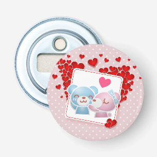 Beren zoenen met een rood liefdeshart button flesopener