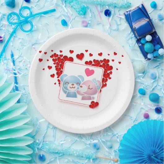 Beren zoenen met liefdesharten overal papieren bordje (Feest)