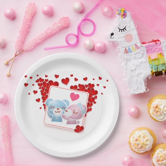 Beren zoenen met liefdesharten overal papieren bordje (Feest)