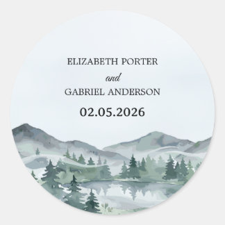 Berg Aquarel Groene Rustieke Boom Bruiloft  Ronde Sticker