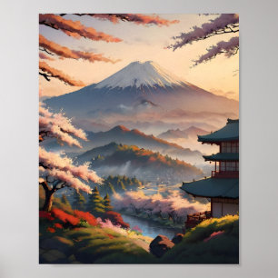 Berg bij zonsopgang Een serene Japanse landschap Poster
