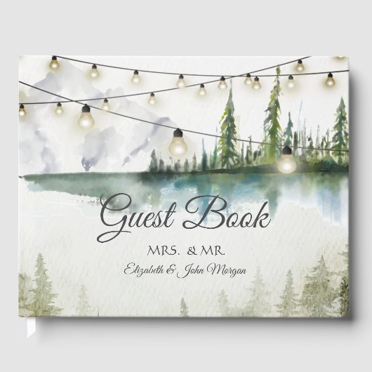 Berg, bos, meer, String Lights bruiloft Gastenboek (Voorkant)