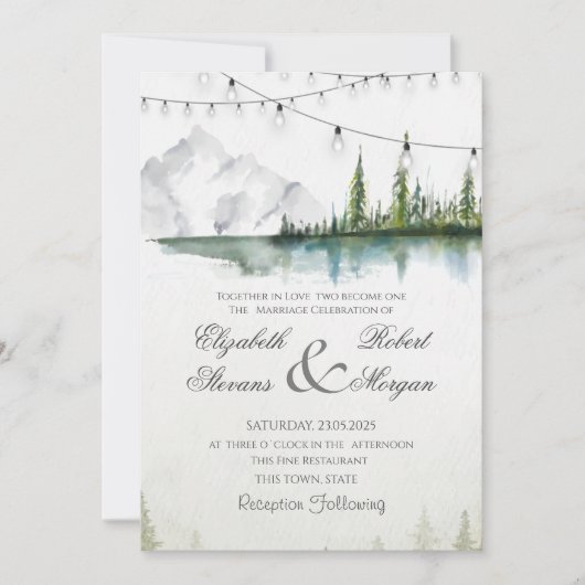 Berg, bos, meer, String Lights Chic bruiloft Kaart (Voorkant)