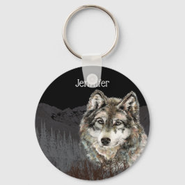 Berg met Waterverf Wolf Animal Custom Name Sleutelhanger
