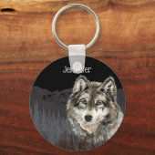 Berg met Waterverf Wolf Animal Custom Name Sleutelhanger (Voorkant)