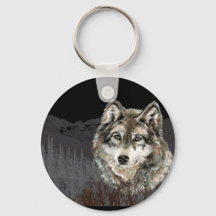 Berg met Waterverf Wolf Animal wildernis Sleutelhanger