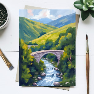 Berg Rivier Brug Groen Watercolor Landschap Briefkaart