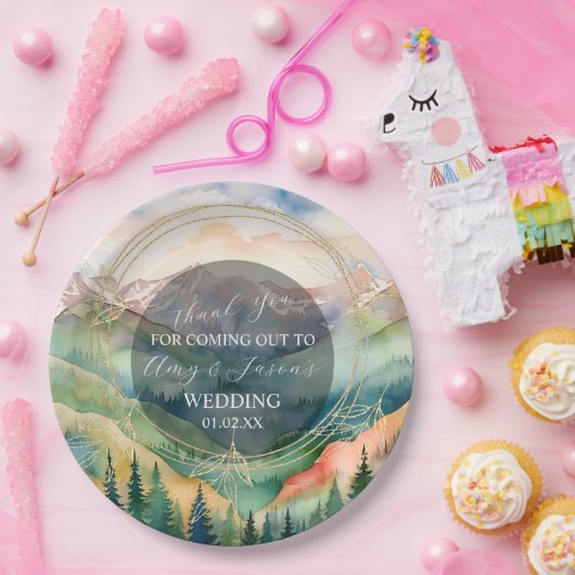 Berg Waterverf Landschap Bestemming Bruiloft Papieren Bordje (Feest)