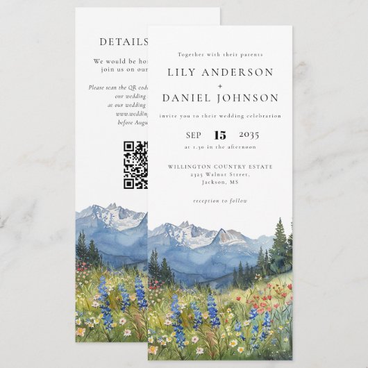Berg Wilde Bloem Bloemencode QR Code Trouwen Kaart (Voorkant / Achterkant)