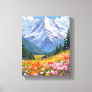Berg Wilde Bloemen Watercolor Landschap Canvas Afdruk