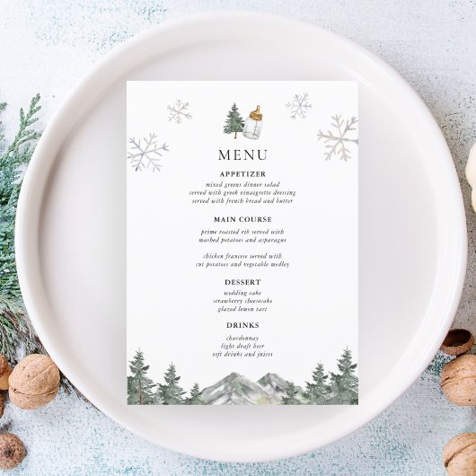 Bergdenen Winter Baby Shower Menu Kaarten
