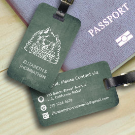 Bergen avontuur begint groene krijtbord reizen bagagelabel