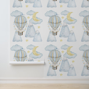Bergen Blauwe Hete Luchtballon Bunny Maanwolken Behang