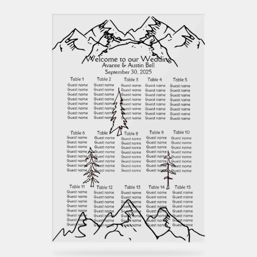 Bergen en bomen schetsen bruiloft zitkaart acryl bord (Voorkant)
