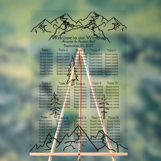 Bergen en bomen schetsen bruiloft zitkaart acryl bord (Neutraal)