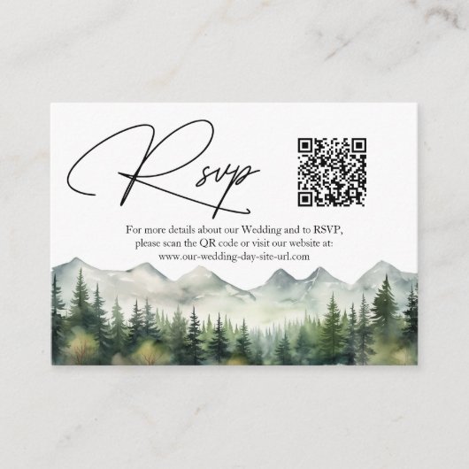 Bergen en dennen QR Code Wedding RSVP Kaart (Voorkant)