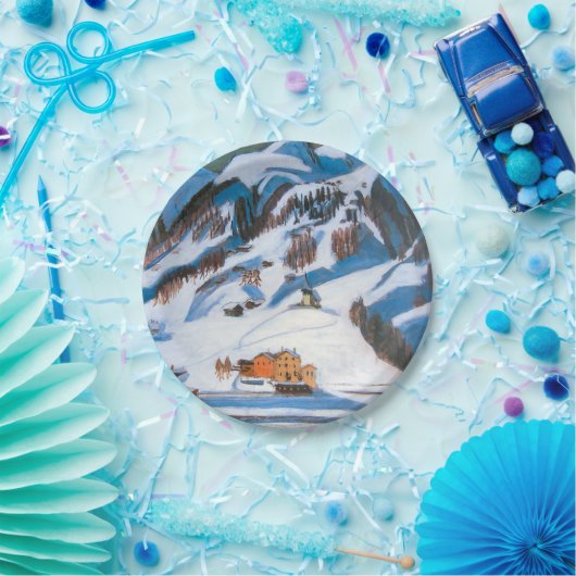 Bergen en huizen in het sneeuwlandschap papieren bordje (Feest)
