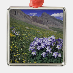 Bergen en wilde bloemen in alpenwei, blauw metalen ornament