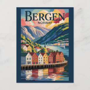Bergen Noorwegen Illustratie Reis Kunst Vintage Briefkaart