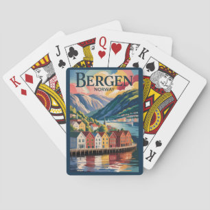 Bergen Noorwegen Illustratie Reis Kunst Vintage Pokerkaarten