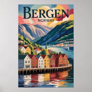 Bergen Noorwegen Illustratie Reis Kunst Vintage Poster