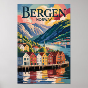 Bergen Noorwegen Illustratie Reis Kunst Vintage Poster