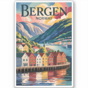 Bergen Noorwegen Illustratie Reis Kunst Vintage Sticker