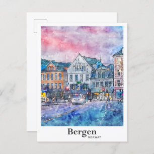 Bergen Noorwegen Reizen Waterverf Schets Hand gete Briefkaart