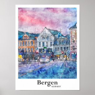 Bergen Noorwegen Reizen Waterverf Schets Hand gete Poster