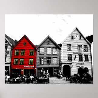Bergen Norway Black en White foto met rood huis Poster