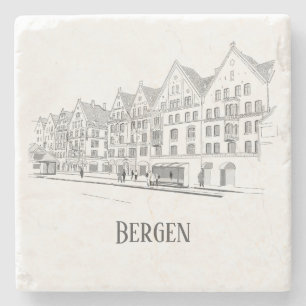 Bergen Norway Streetscape Beauful Line Drawing Stenen Onderzetter