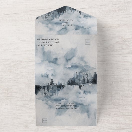 Bergen, sneeuw, bos, Cabin Wedding | All In One Uitnodiging (Buitenkant)