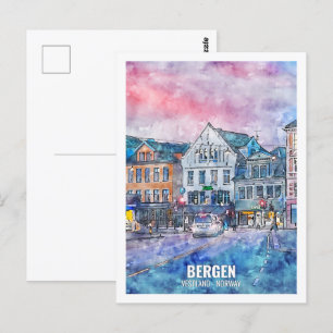 Bergen Vestland Norway Travel Place Waterverf Briefkaart