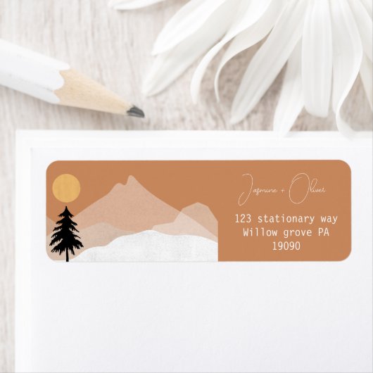 Bergen woestijn terracotta bruiloft terugzendadres etiket (Insitu)