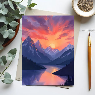 Bergketen Zonsondergang Waterverf Meren Landscha Briefkaart