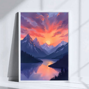 Bergketen Zonsondergang   Waterverf Meren Landscha Poster