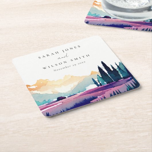 Bergland - Lila velden - Landschap Weduwschap Vierkante Kartonnen Onderzetter (Schuin)