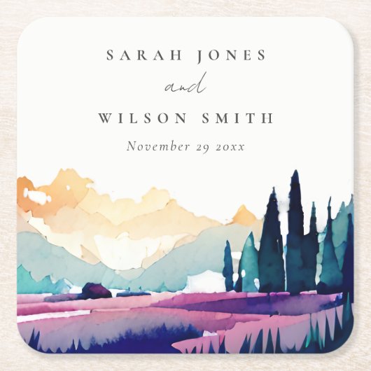 Bergland - Lila velden - Landschap Weduwschap Vierkante Kartonnen Onderzetter (Voorkant)