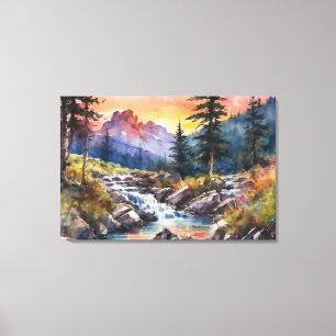 Berglandschap met een waterval bij zonsondergang canvas afdruk