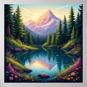 Berglandschap met weerspiegeling in het meer poster