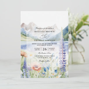 Berglandschap met wilde bloemen QR-code bruiloft Kaart