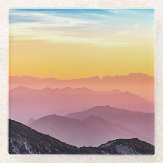 Berglandschap op zonsondergang glazen onderzetter (Voorkant)