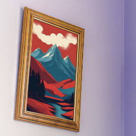 Berglandschap Rood Blauw Retro Illustratie Poster