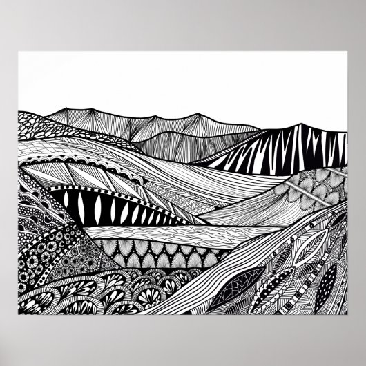 Berglandschap zwarte witte abstracte doedelkunst poster (Voorkant)