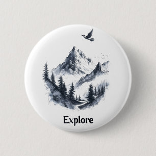 Berglandschaptekening met vliegende vogel ronde button 5,7 cm
