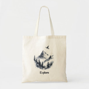Berglandschaptekening met vliegende vogel tote bag
